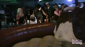 Calde ragazze in biancheria intima che cavalcano tori al bar locale