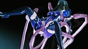 Karakter Skyrim dengan tentakel menggoda gadis dengan sepatu bot PVC dan sepatu